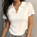 Summer Short Sleeve Lapel Top Women'S Solid V-Neck Pullovers Retro Sweet Shirts Hot Girl Crop Top Female Slim Versatile Tee - Matrix-studios.com