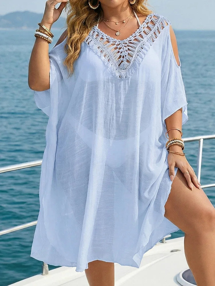GIBSIE Plus Size Tassel Tie Backless Cold Shoulder Bikini Cover Up Women Summer Sexy See Through Holiday Boho Beach Tunic Dress - Matrix Studios