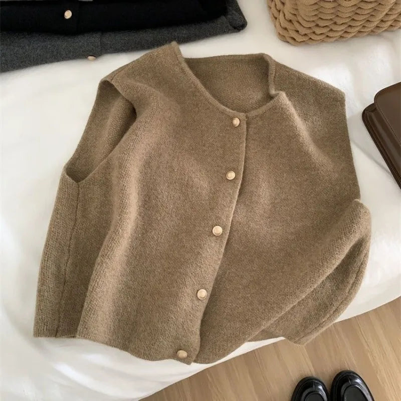 Crew Neck Women's Korean Solid Button Short Sleeve Cardigan Coats Sweater Knitted Sleeveless Ladies Elegant Tanks Bottoming - Matrix Studios