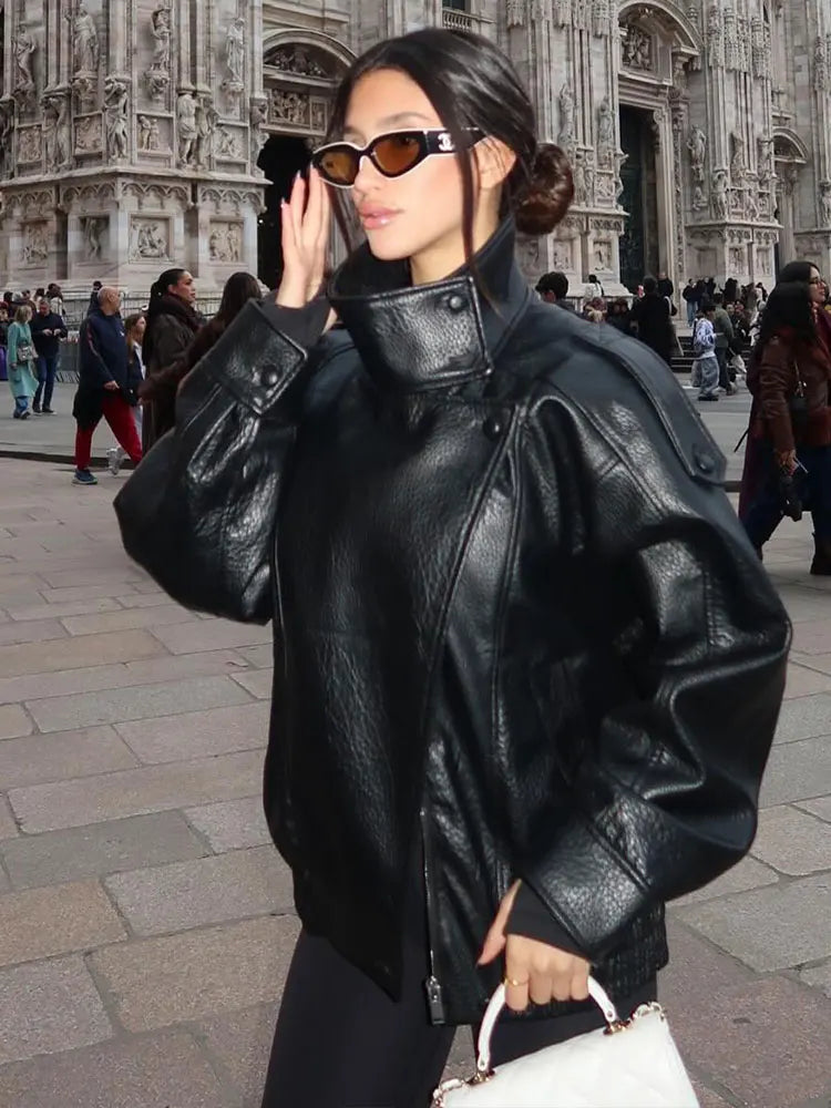 HH 2026 Women Trend Pu Leather Black Coats Stand Collar Long Sleeve Zipper Jacket Woman Fashion Vintage High Street Pu Jackets - Matrix Studios