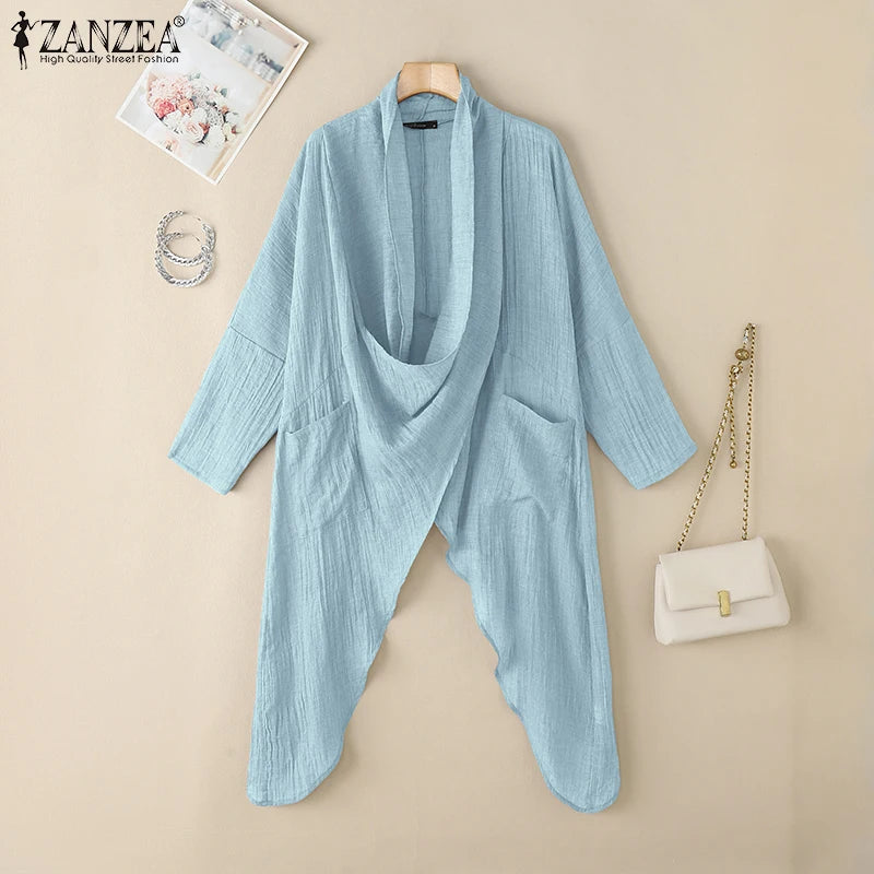 ZANZEA 2025 Fashion Blouses Autumn Women Tops Vintage Long Shirts Casual Solid Cowl Neck Long Sleeve Asymmetrical Party Blusas - Matrix-studios.com