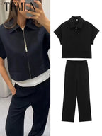 TFMLN Fashion Set For Women Summer 2025 New Slim Lapel Zipper Short Sleeve Coat Top Wide Leg Pants Two Piece Set Leisure Black - Matrix-studios.com