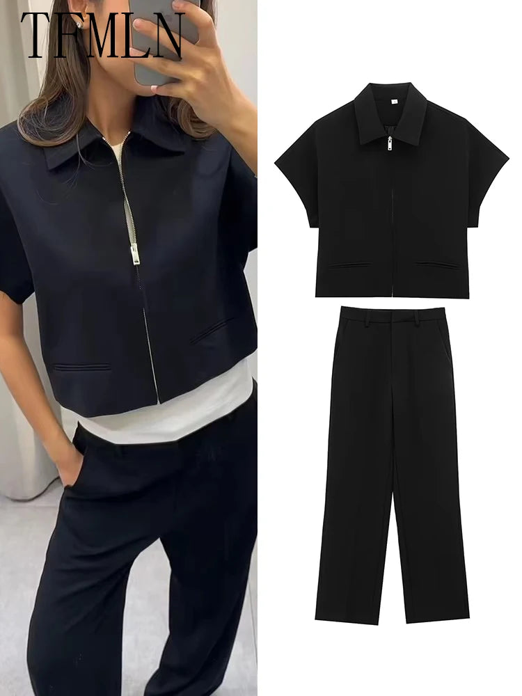 TFMLN Fashion Set For Women Summer 2025 New Slim Lapel Zipper Short Sleeve Coat Top Wide Leg Pants Two Piece Set Leisure Black - Matrix-studios.com