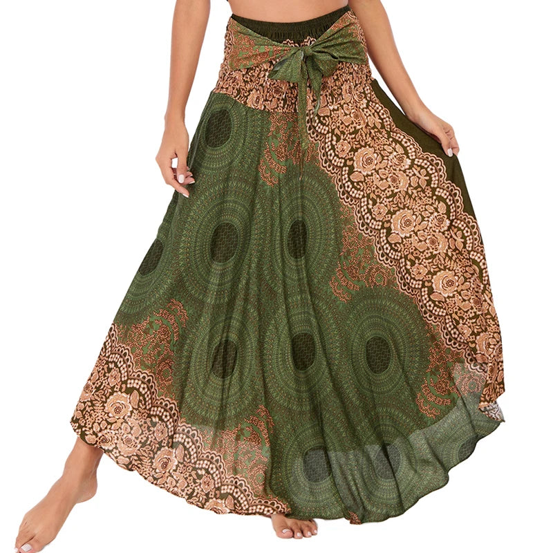 Boho Skirts Women Rayon Beach Long Dress Summer Bohemian Jupe Longue Femme Elastic Waist Print Floral Bandage Halter Hippie - Matrix Studios