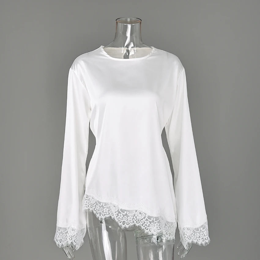 Linad Elegant White Lace Flare Sleeve Woman Blouse 2026 Vintage Satin Asymmetrical Shirts Female Casual O Neck Pullover Tops - Matrix-studios.com
