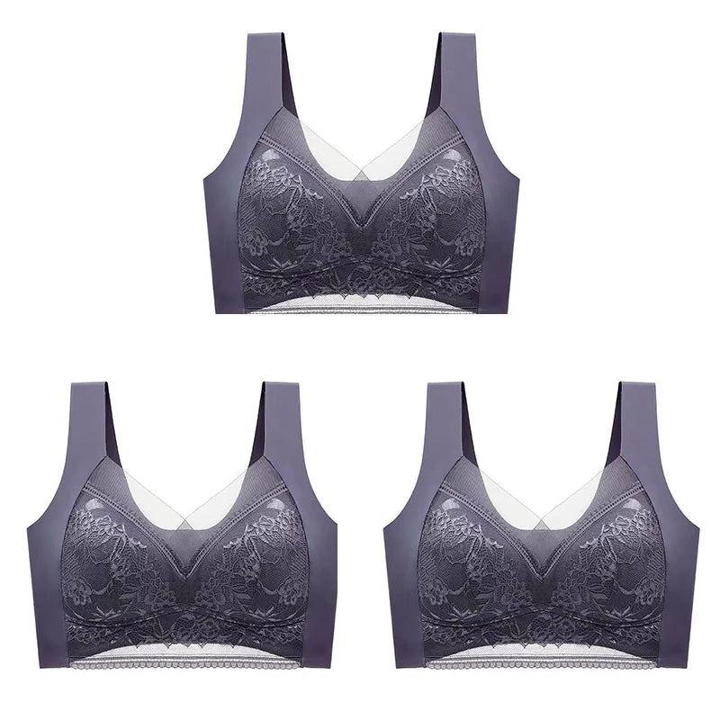 3Pcs Women Lace Bra Perspective Push Up Ice Silk Deep V Bralette Bra Sexy Lingerie Tops Plus Size Cup Mom's underwear L-5XL - Matrix Studios