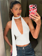 Dulzura V-Neck Sleeveless Halter Backless Bodycon Corp Top Solid Sexy Elegant Y2K Top Party Clubwear Street Summer Vest - Matrix-studios.com