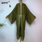 WINYI Solid color design Beach Wear Swim Suit Middle East abaya dubai luxury Women Cardigan Holiday Long Sleeve Kimono Dress - Matrix-studios.com