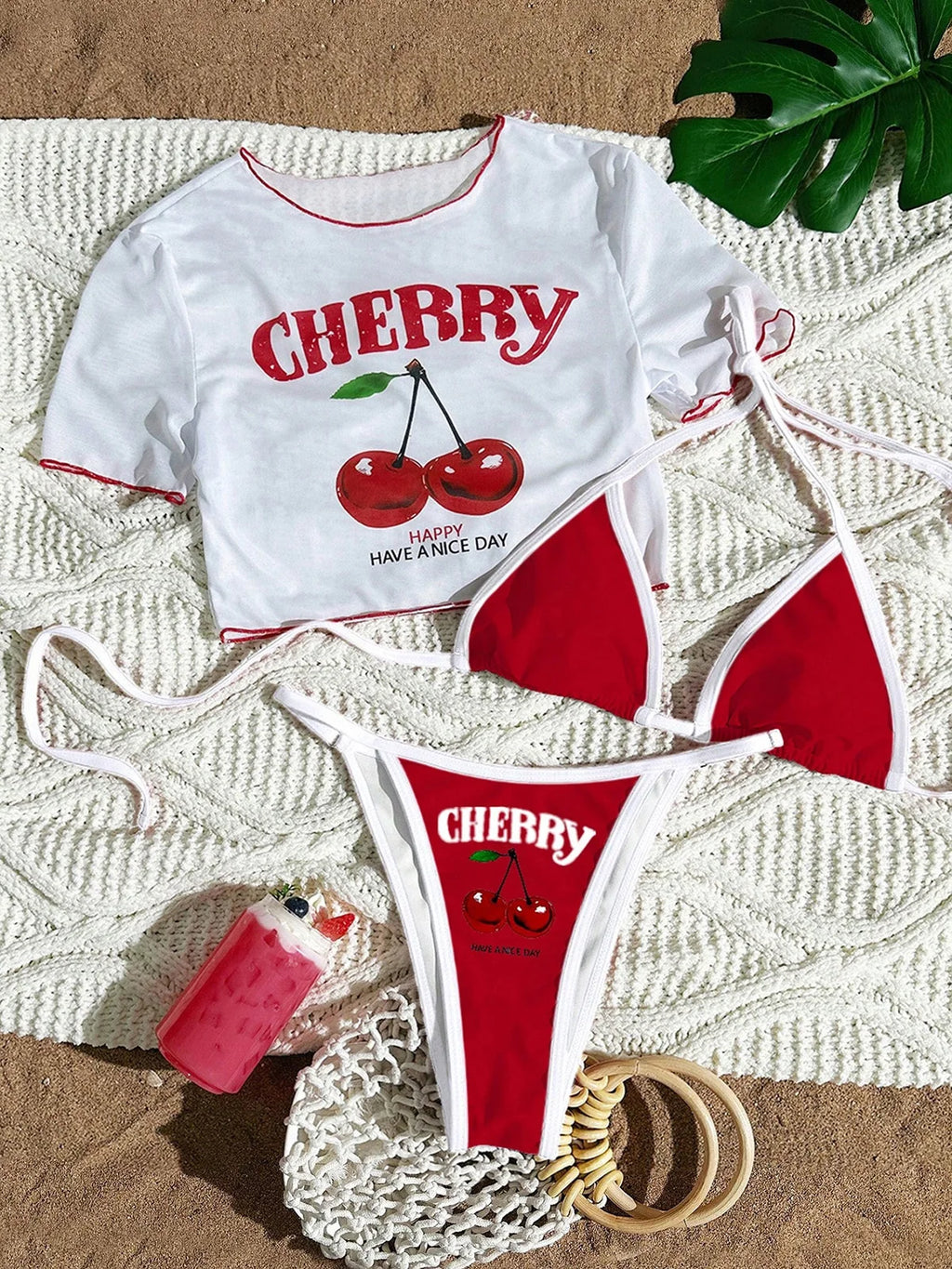 S -XL Cherry Printed Short Sleeve Bikini Female Swimsuit Women Swimwear Three-Pieces Bikini Set Bather Bathing Suit Swim V6854 - Matrix-studios.com