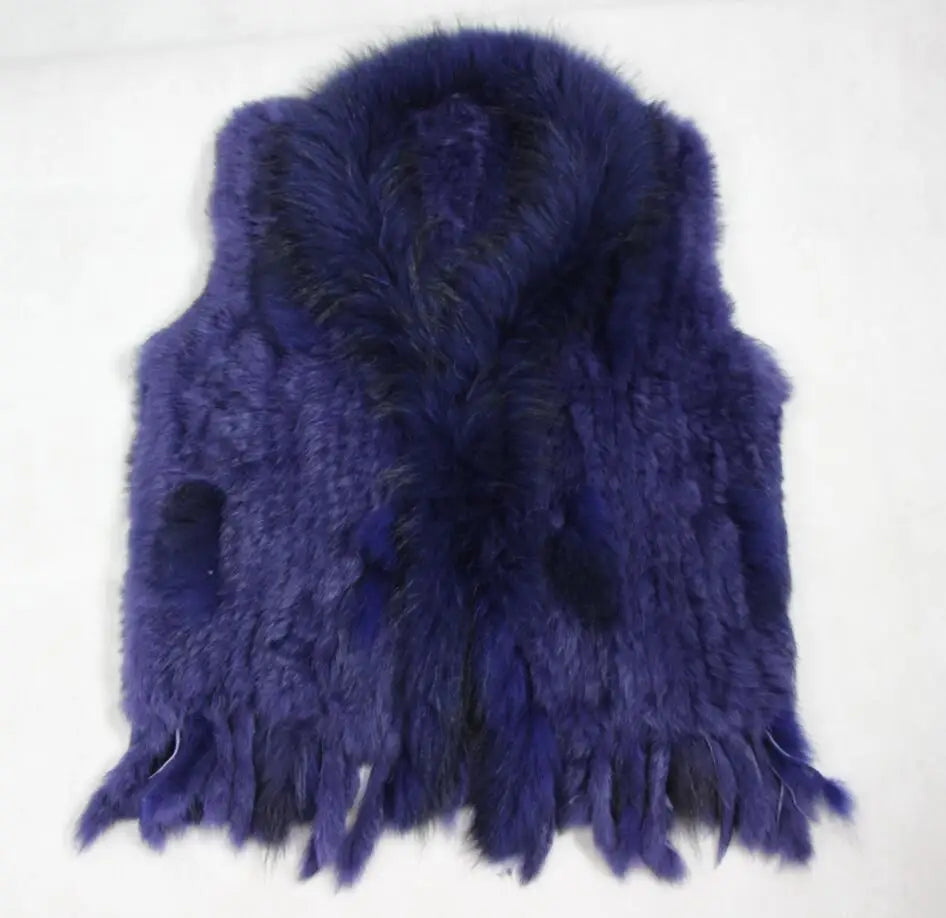 Harppihop womens natural real rabbit fur vest with raccoon fur collar waistcoat/jackets rex rabbit knitted winte - Matrix Studios