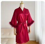 White Bride Wedding Robe with Feathers Women Satin Peignoir Sexy Bridesmids Kimono Gowns Short Bathrobe Bridal Intimate Lingerie - Matrix-studios.com