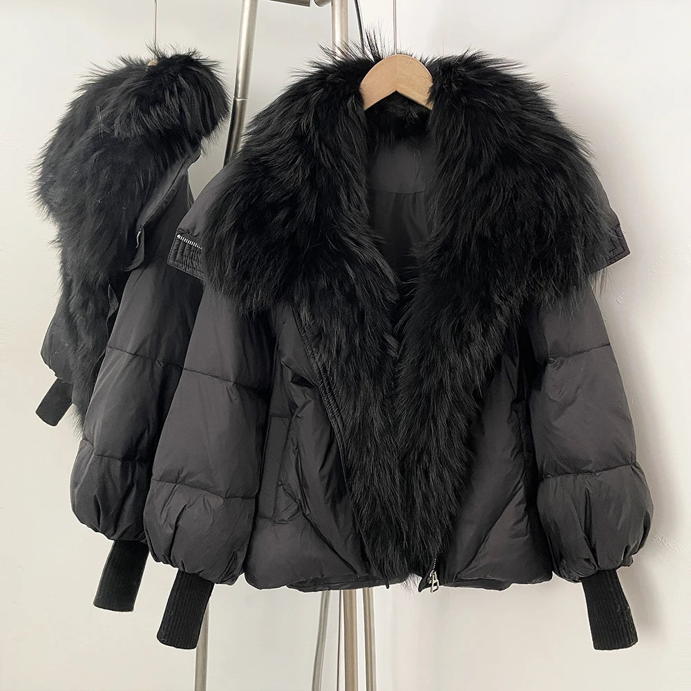 OFTBUY New Winter Large Real Fox Raccoon Fur Puffer Coat Women Oversized Feather Down Parka Knit Sleeve Duck Down Jacket Female - Matrix Studios