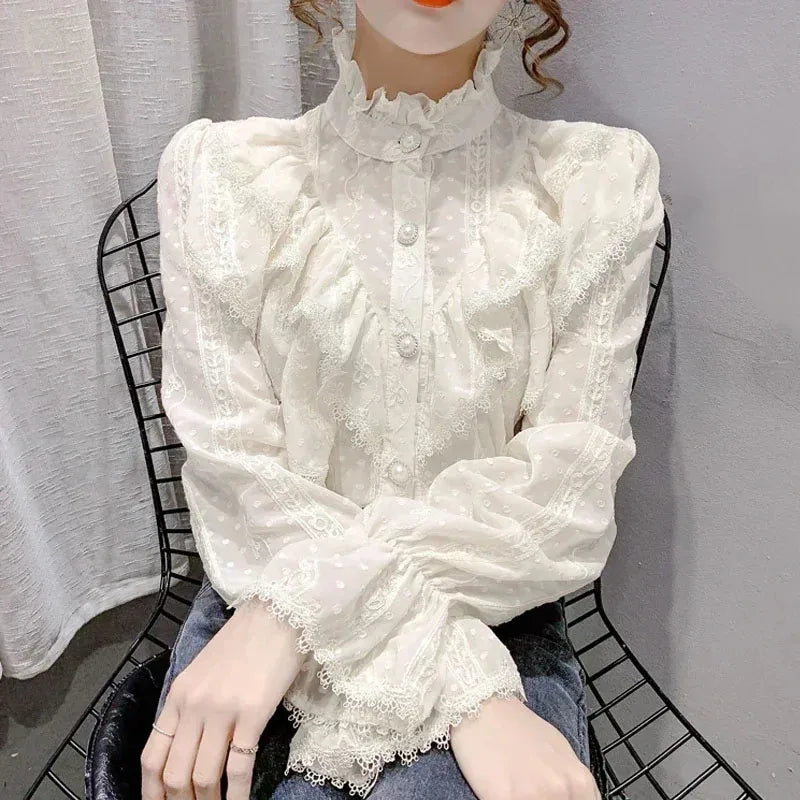 Long Sleeve Loose Spring Fashion Button White Shirt Elegant Stand Collar Pleated Tops Casual Ruffle Lace Blouse Blusas 15832 - Matrix-studios.com