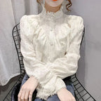 Long Sleeve Loose Spring Fashion Button White Shirt Elegant Stand Collar Pleated Tops Casual Ruffle Lace Blouse Blusas 15832 - Matrix-studios.com