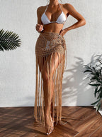 Crochet Tassel Bikini Cover Up Dress Beach Wear Women Tie Up Bather Bathing Suit Tassel Long Skirt Swimsuit Cover Up Beach Dress - Matrix Studios