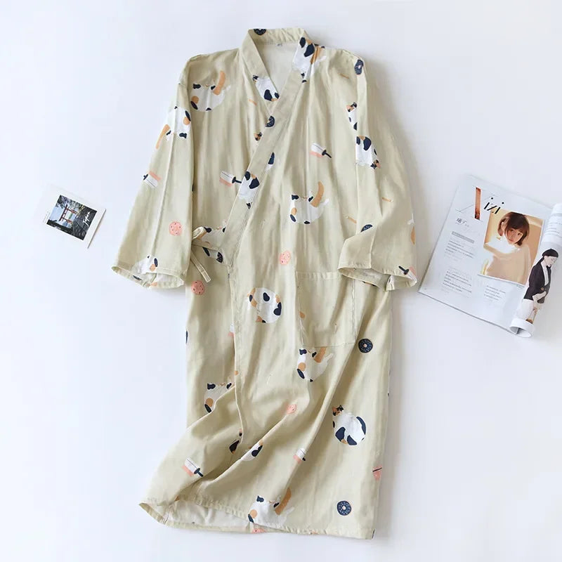 Japanese-style Kimono Pajamas Summer New 100% Cotton Gauze Pajamas Nightgown Ladies SPA Yukata Homewear Long Pajamas Women - Matrix-studios.com