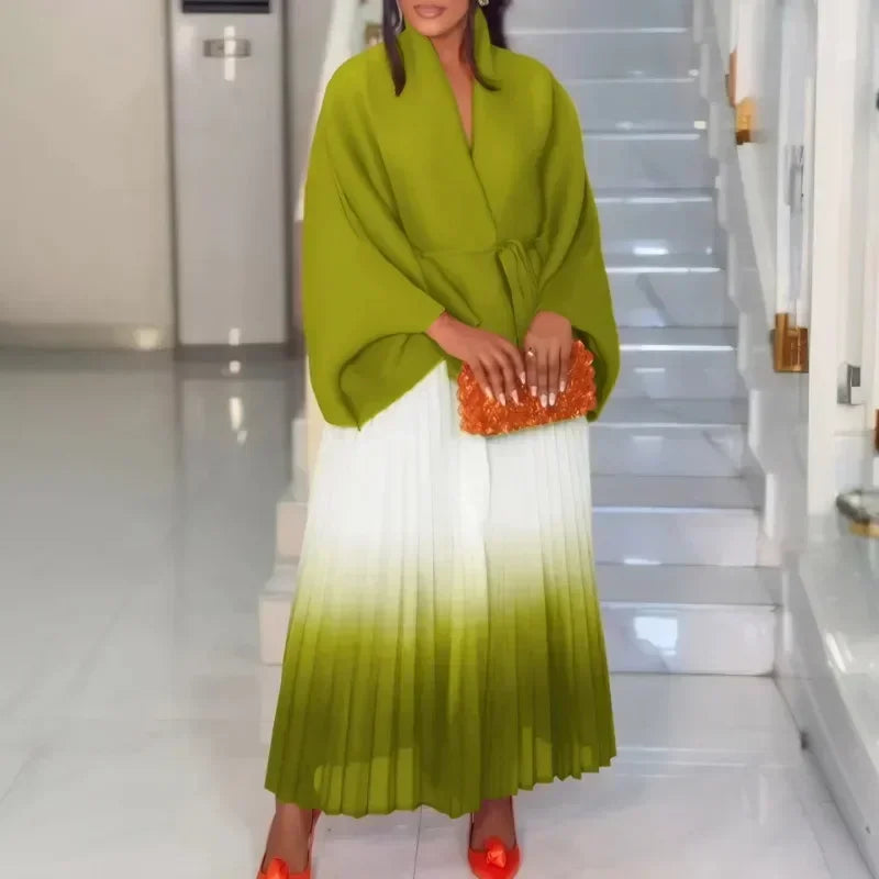 Autumn Fashion 2025 Long Sleeve V-neck Polyester Party Evening 2 Pieces Top Long Skirts Matching Sets African Clothes for Women - Matrix-studios.com