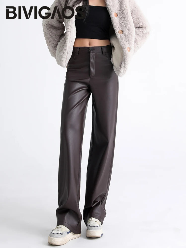 BIVIGAOS Fall Winter Fleece Loose Wide Leg Warm Leather Pants Women Button Pocket High Waist Thick PU Casual Straight Pants - Matrix-studios.com