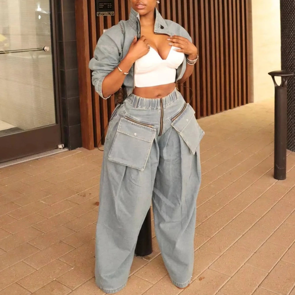 Denim Two Piece Sets Women Coat Jacket Wide Leg Pants Jeans Suits Matching Sets Trousers Outfits 2025 Y2k Streetwear Party - Matrix-studios.com