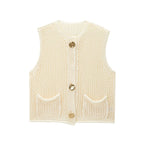 Women Fashion Sleeveless Coarse Needle Knitting Vest Sweater Female Chic Big Pockets Patch Buttons Cardigan Waistcoat Tops - Matrix Studios