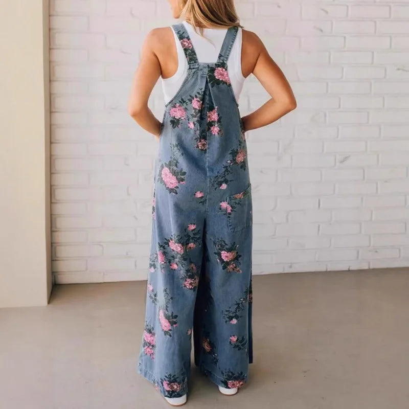 Denim Floral Print Trendy Sleeveless Jumpsuits for Women Rompers Festival Outfit Loose Overalls Pleated Pockets Long Pants - Matrix Studios