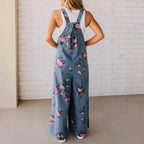 Denim Floral Print Trendy Sleeveless Jumpsuits for Women Rompers Festival Outfit Loose Overalls Pleated Pockets Long Pants - Matrix Studios