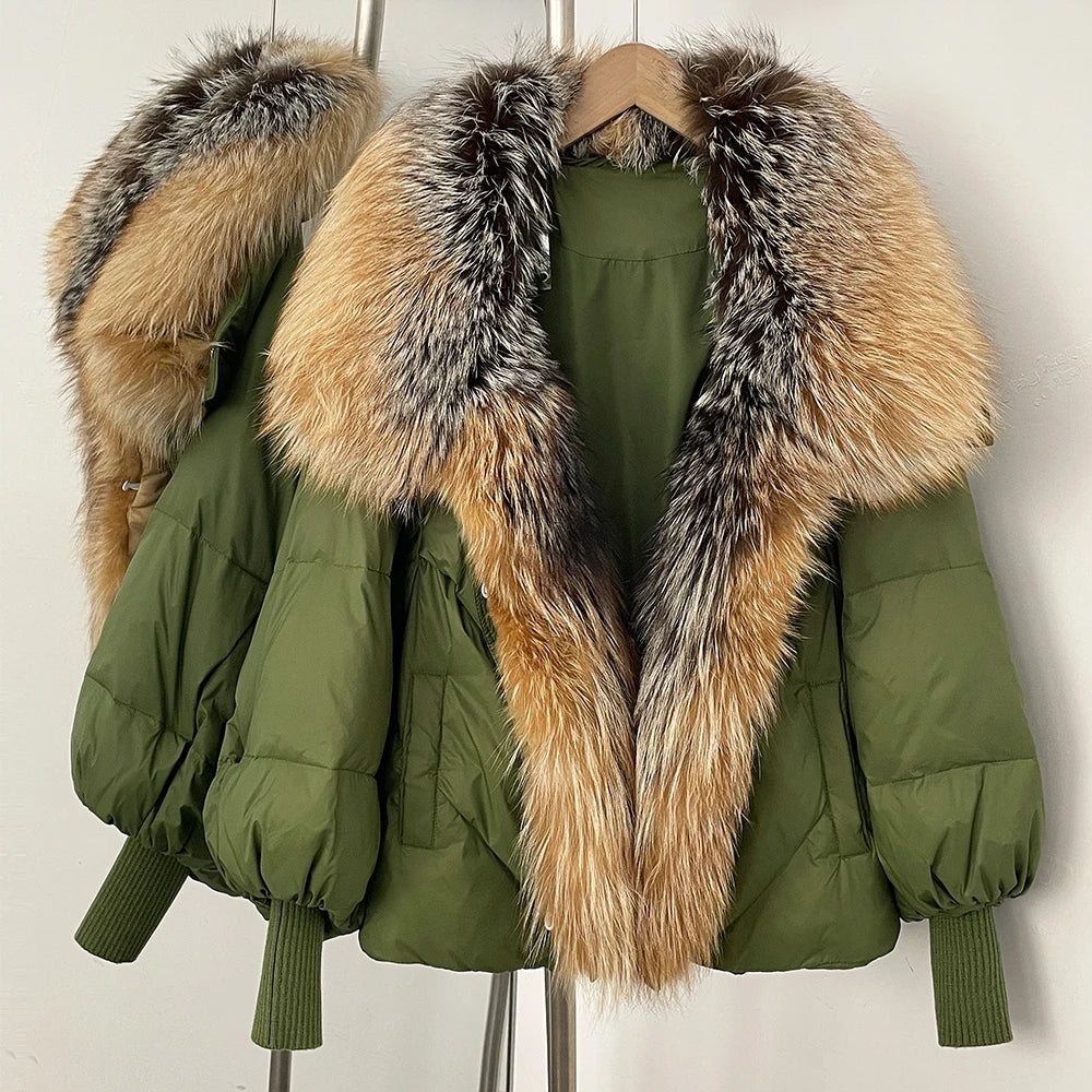 OFTBUY New Winter Large Real Fox Raccoon Fur Puffer Coat Women Oversized Feather Down Parka Knit Sleeve Duck Down Jacket Female - Matrix Studios