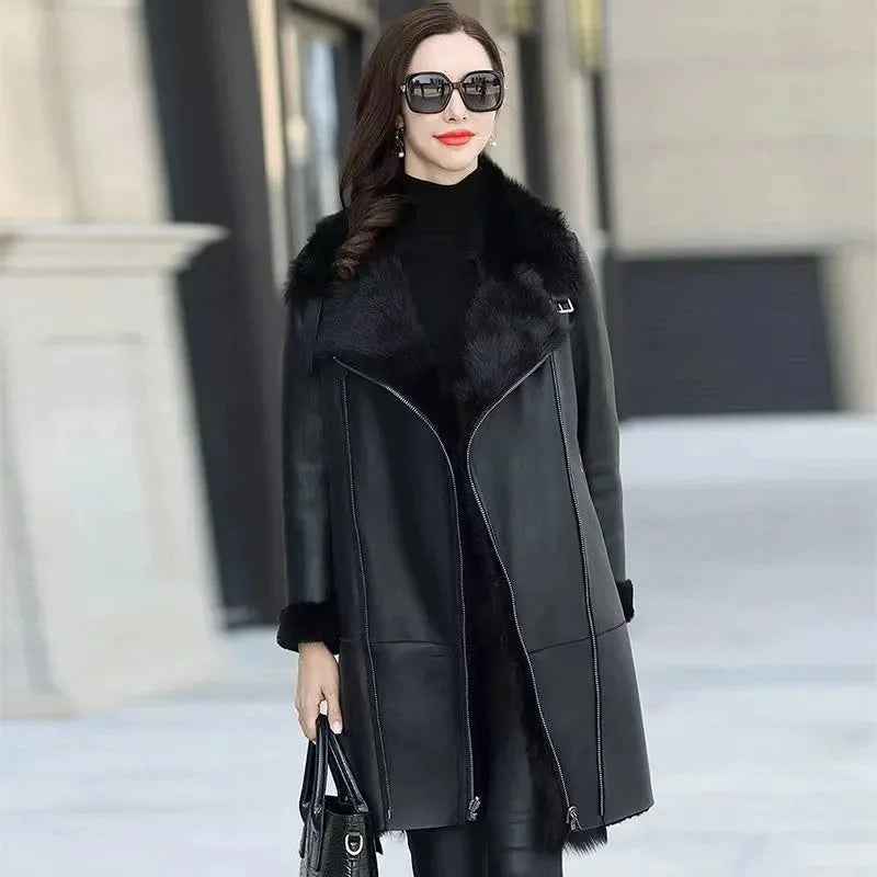 Oversized 6XL Thicken PU leather Jacket Women's 2025 Winter Warm Faux Mink Fur Coat Female Loose Windproof Parka Long Overcoat - Matrix Studios
