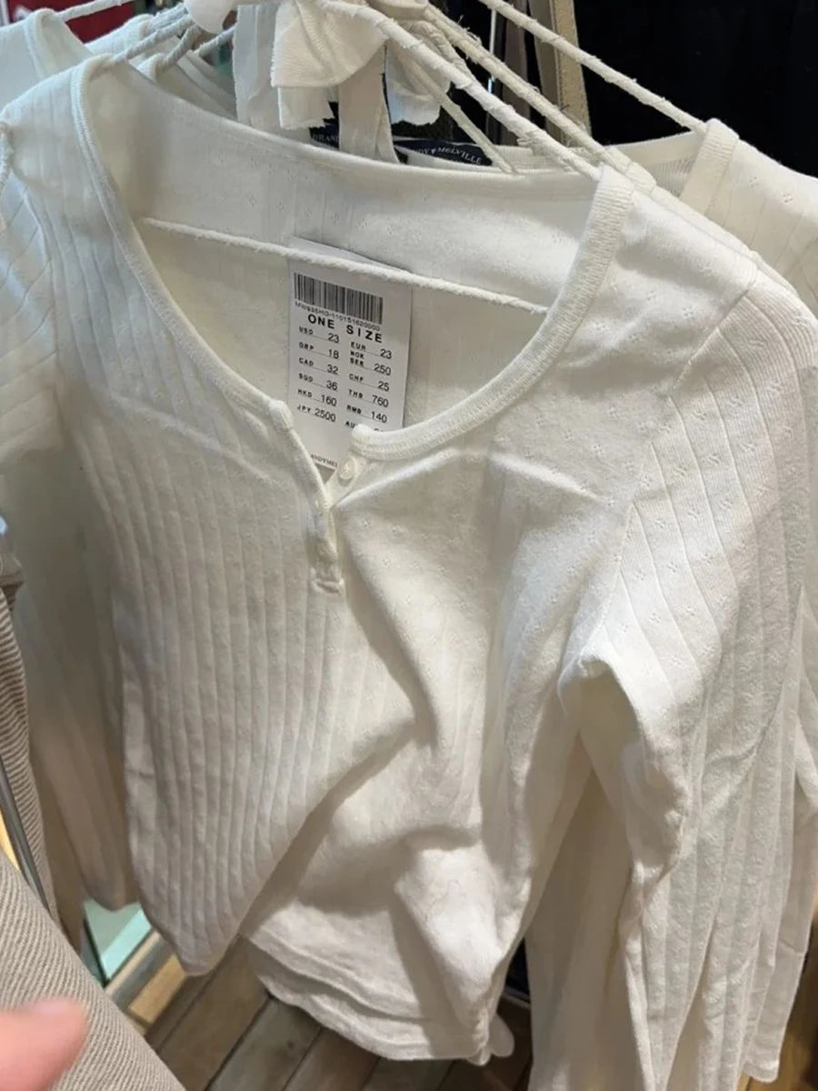 Eyelet Buttons White Long Sleeve T-shirt Shorts Set Woman Slim Tees+Elastic Straight Sweatshort Cotton Home Pajama 2 Piece Sets - Matrix-studios.com