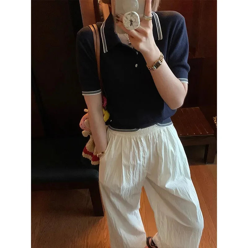 Summer High-end Fashion Polo Neck Knitted Shirt Slim Short Sleeve Tops Women Sexy Button T-shirt Office Lady Knitwear Y2k Tops - Matrix-studios.com