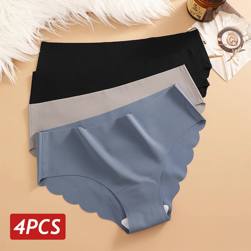 Ice Silk Seamless Panties 4PCS/Set Women's Briefs Solid Color Elastic Underwear Female Ultra Thin No Trace Wavy Side Panties - Matrix Studios