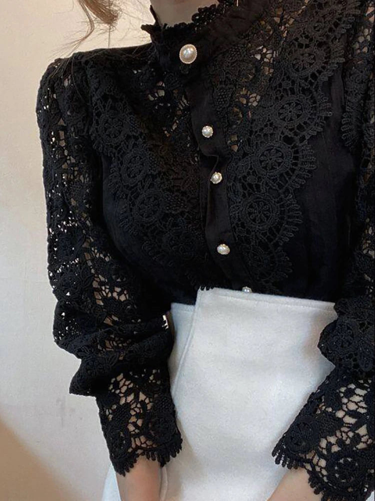 Women Chiffon Button Turtleneck Shirt Chic Elegant Floral Lace Fluffy Long Sleeve Top Fashion Hollow Oversize White Blouse 2025 - Matrix-studios.com