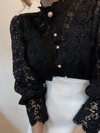 Women Chiffon Button Turtleneck Shirt Chic Elegant Floral Lace Fluffy Long Sleeve Top Fashion Hollow Oversize White Blouse 2025 - Matrix-studios.com