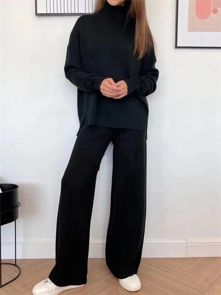 Autumn Winter 2 Pieces Women Sets Knitted Tracksuit Turtleneck Sweater and Straight Jogging Pants Suits - Matrix-studios.com