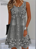 2025 Women Summer Sleeveless Bohemian Dress Fashion Imitate Cowboy Vest Flowers Print Dress Casual Tank Beach Dresses For Women - Matrix-studios.com