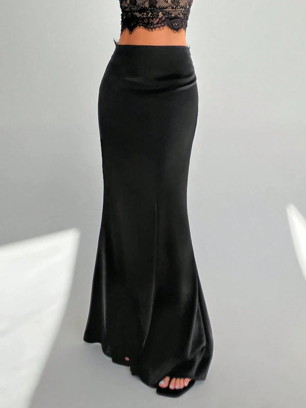 Women Black Satin Mermaid Maxi Skirt High Waist Bodycon Long Skirt Elegant Evening Party Formal Dressy Skirts - Matrix-studios.com