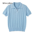 WinvyNee Summer Short Sleeve Women's Solid Polo Collar T-Shirt Casual Cotton Tops Women Clothing Y2k Elegant Knitted A1092079 - Matrix-studios.com