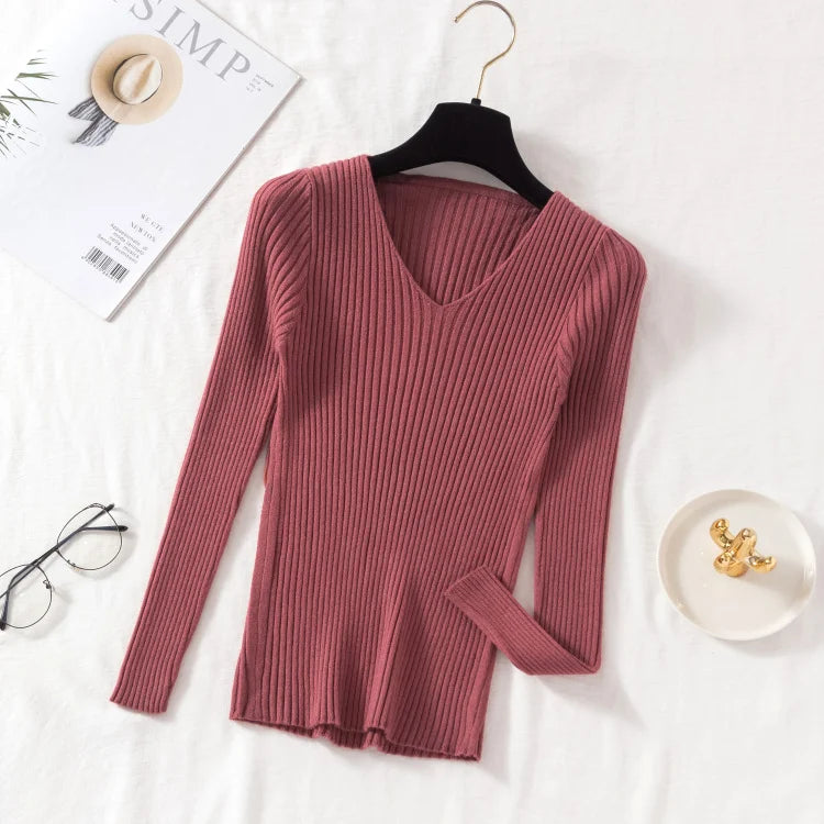 Autumn Winter Women Sweaters Casual Long Sleeve Knitted V Neck Pullover Sweater Femme Basic Solid Jersey Tops Fashion Clothes - Matrix-studios.com