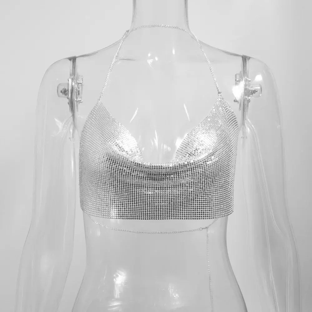 Sexy Summer Sequin Metal Crop Tops Suspenders Halter Backless Night Club Tank Top 2024 New Women Clothing Fashion Y2k Tops - Matrix-studios.com