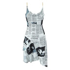 YENKYE New Women Newspaper Letter Print Irregular Hem Sling Dresses Fashion Backless Thin Straps With Chain Summer Sexy Dress - Matrix-studios.com