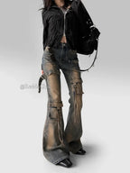 REDDACHiC Women Low Waist Cargo Flare Jeans Y2k Vintage Distressed Belted Fitted Bootcut Pants Bell Bottoms Korea Streetwear - Matrix-studios.com