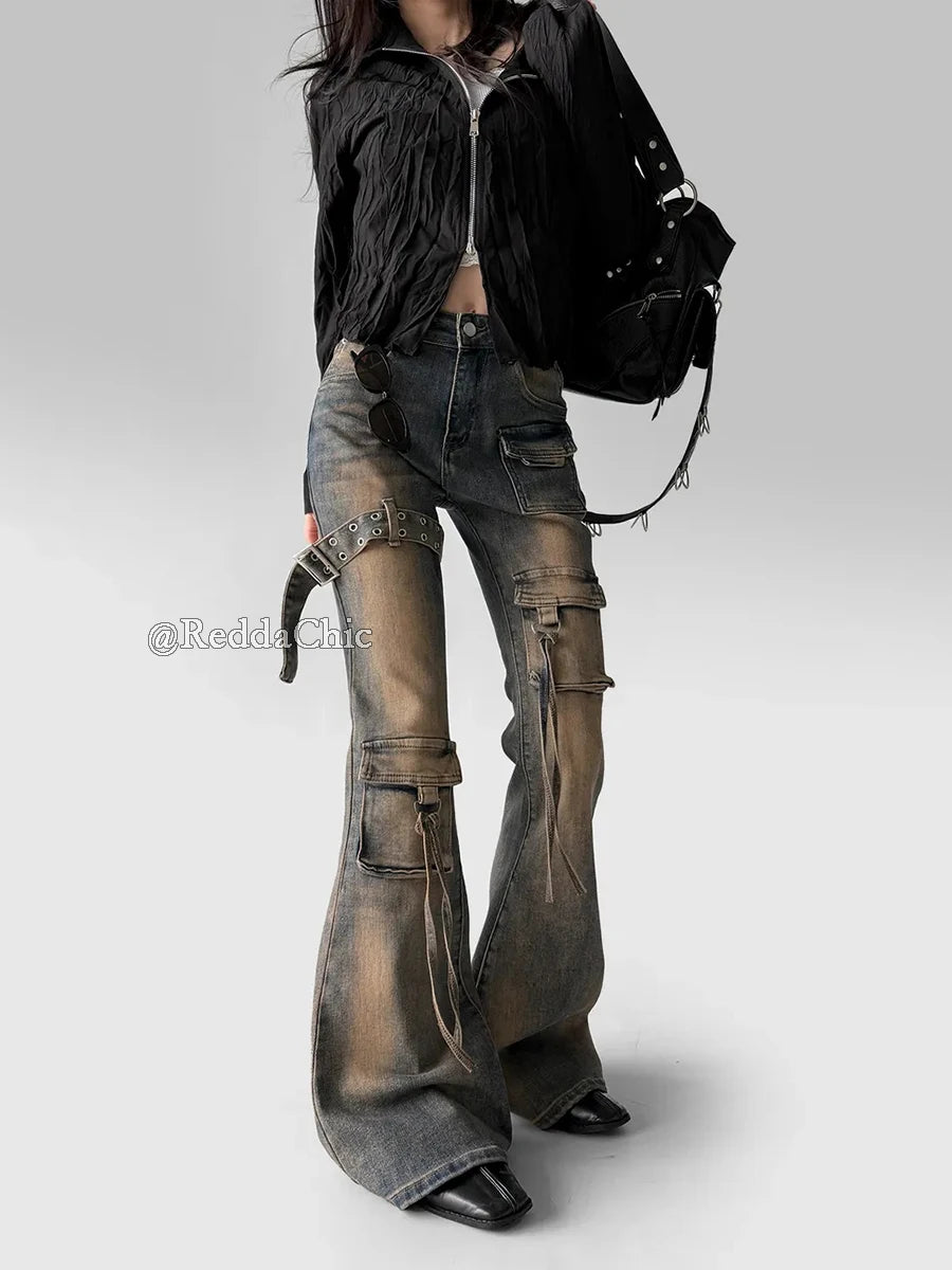 REDDACHiC Women Low Waist Cargo Flare Jeans Y2k Vintage Distressed Belted Fitted Bootcut Pants Bell Bottoms Korea Streetwear - Matrix-studios.com