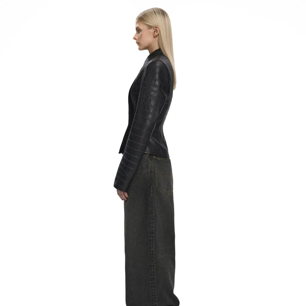 IG 2026 New Women's Gothic Faux Leather Embossed Fitted Leather Blazer Structured Shoulder Lace Cuff Casual Black Blazers - Matrix Studios