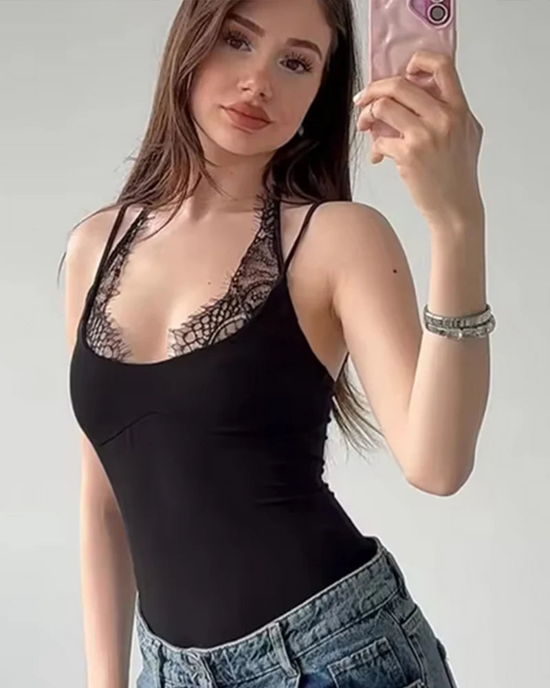 Women's Bodysuit 2026 New Fashion Summer Black Spliced Lace Bodysuit for Women Elegant Chic Personality Spaghetti Strap Bodysuit - Matrix Studios
