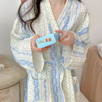 Sweet, Fresh, And Retro Striped Floral Nightgown and Pajamas for Women: Long-Sleeve Bathrobe and Loungewear for Spring and Fall - Matrix-studios.com