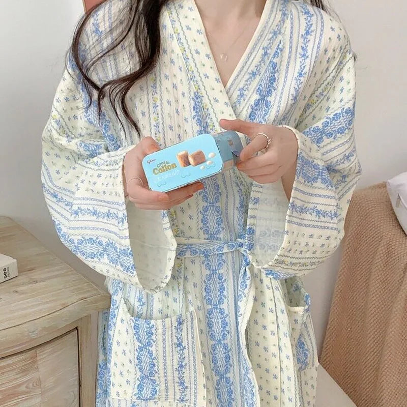 Sweet, Fresh, And Retro Striped Floral Nightgown and Pajamas for Women: Long-Sleeve Bathrobe and Loungewear for Spring and Fall - Matrix-studios.com