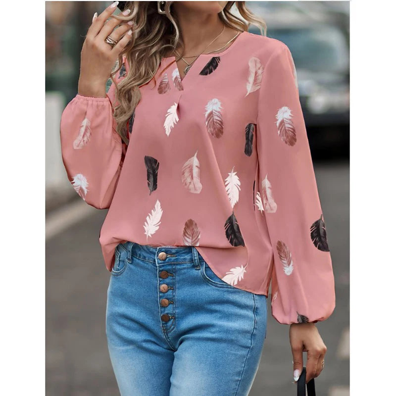 Fashion Woman Blouse Shirts For Women Stylish Top long Sleeve Feather Pattern Female Tops Elegant Chiffon Mujer Woman Clothes - Matrix-studios.com