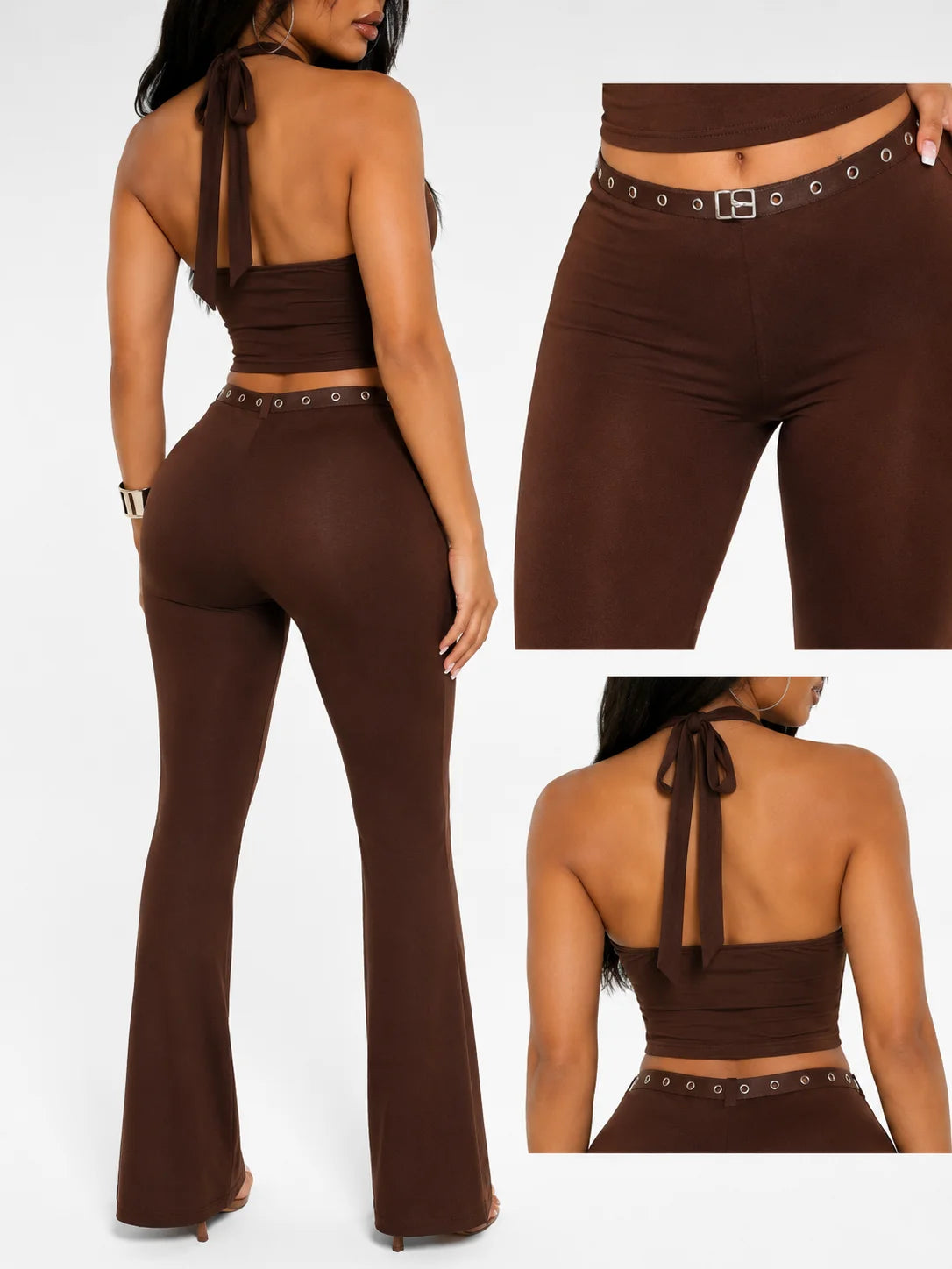 Women 2 Piece Outfits Halter Cutout Crop Top & Flare Pants Set, Metal Buckle Eyelet Detail Sleeveless Bodycon Matching Sets Y2K Club Co‑Ord - Matrix-studios.com