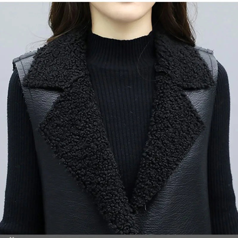 Autumn Winter Fur Leather Vest Coat Long Lambwool Sleeveless Jacket Thick Velvet Warm Waistcoat Large Size Women Fur Vest L-5XL - Matrix Studios
