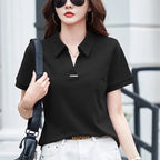 European Station Polo Neck Short sleeved T-shirt Women's Summer New Fashion Light Luxury Loose Large Cotton V-neck Casual Top - Matrix-studios.com